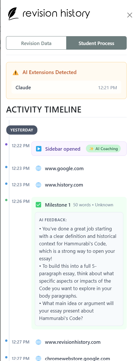 Revision History teacher view showing student process data